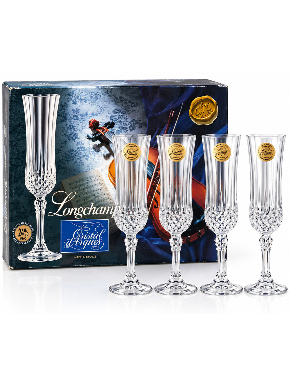 Cristal d’Arques Longchamp Champagne Flutes Set 4 Lead Crystal France 4.25 Oz